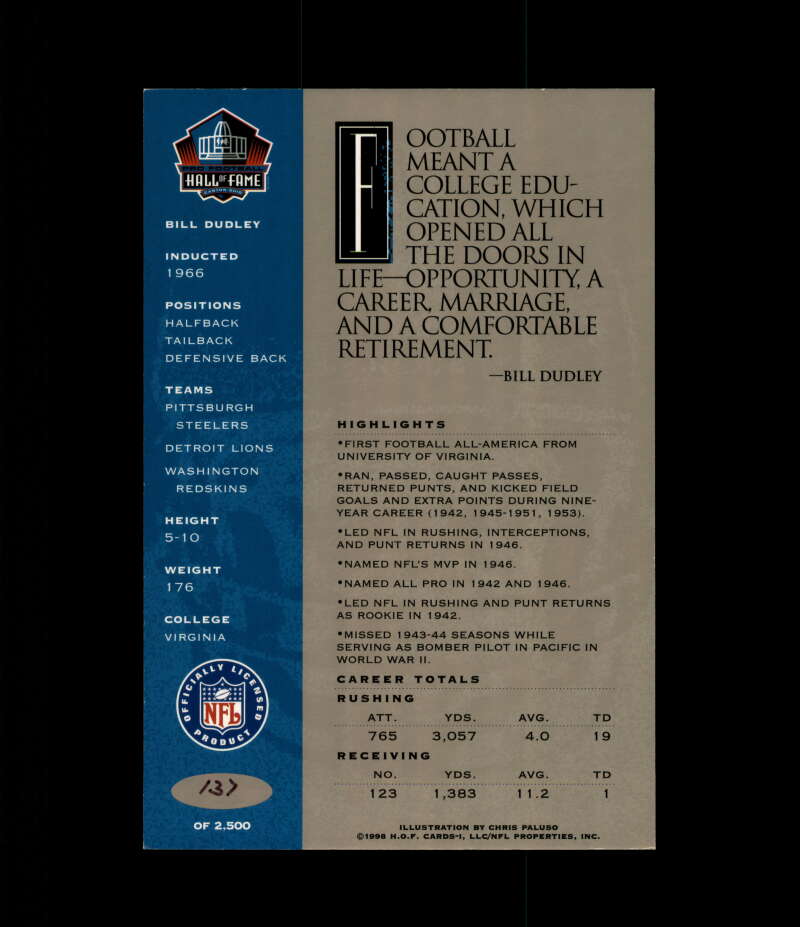 Bill Dudley NFL Coa Signed 1998 HOF Signature Series /2500 Autograph
