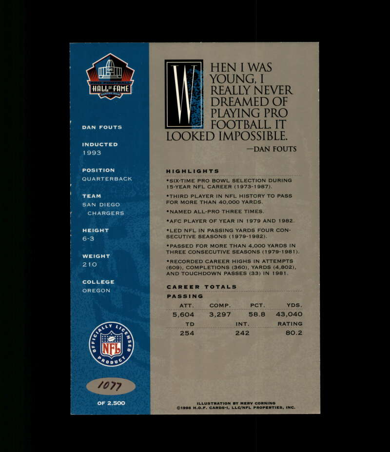 Dan Fouts NFL Coa Signed 1998 HOF Signature Series /2500 Autograph