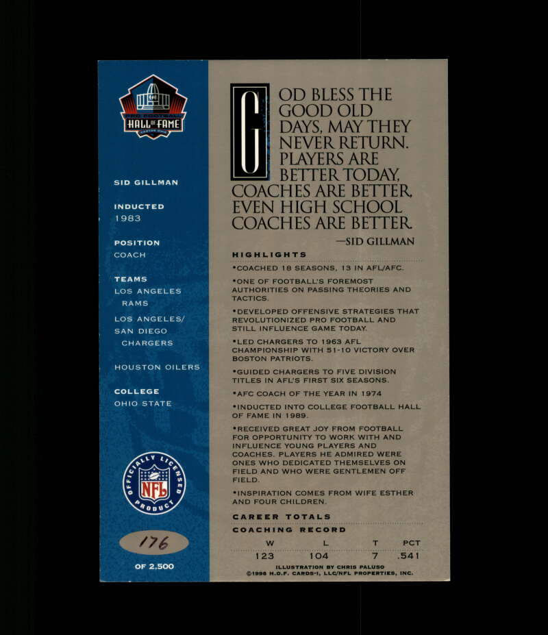 Sid Gillman NFL Coa Signed 1998 HOF Signature Series /2500 Autograph