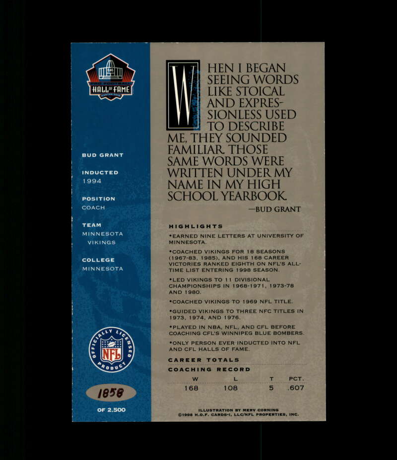 Bud Grant NFL Coa Signed 1998 HOF Signature Series /2500 Autograph