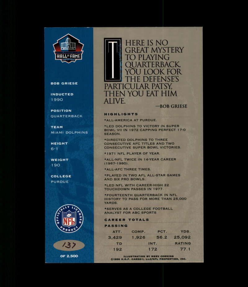 Bob Griese NFL Coa Signed 1998 HOF Signature Series /2500 Autograph