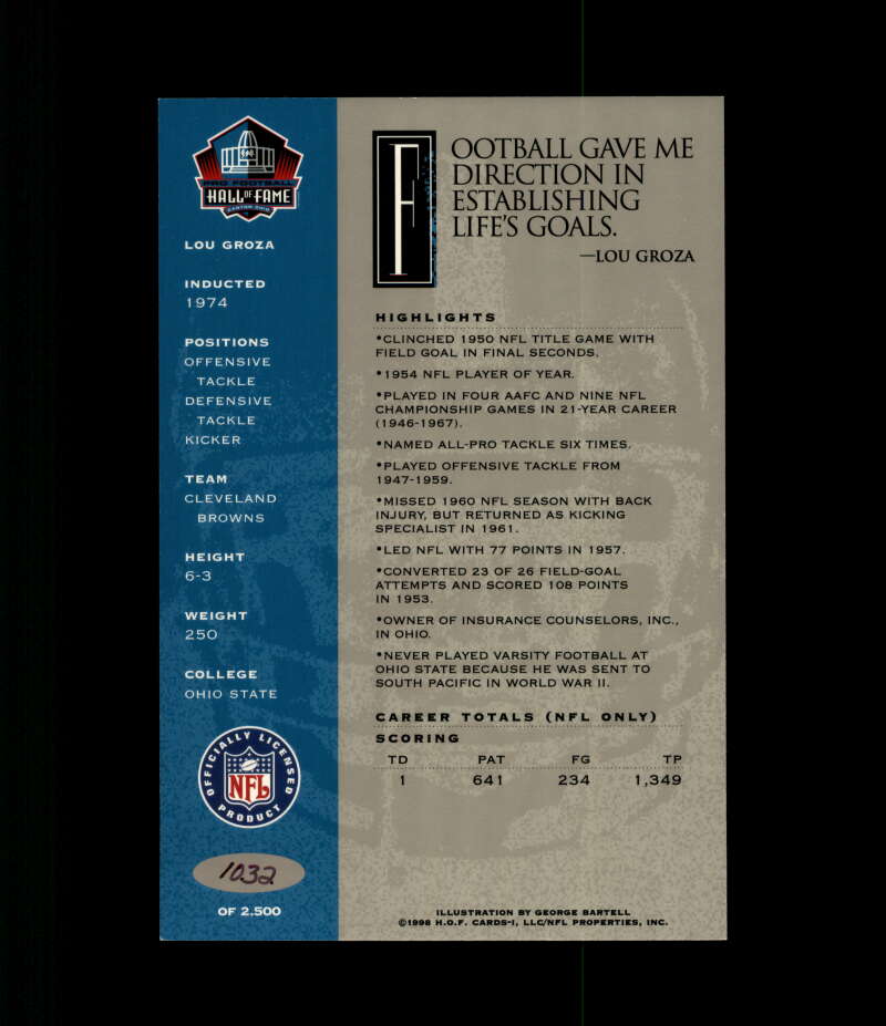 Lou Groza NFL Coa Signed 1998 HOF Signature Series /2500 Autograph