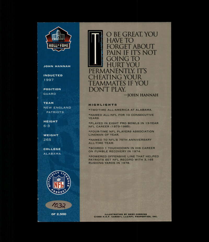 John Hannah NFL Coa Signed 1998 HOF Signature Series /2500 Autograph