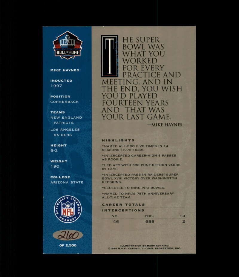 Mike Haynes NFL Coa Signed 1998 HOF Signature Series /2500 Autograph