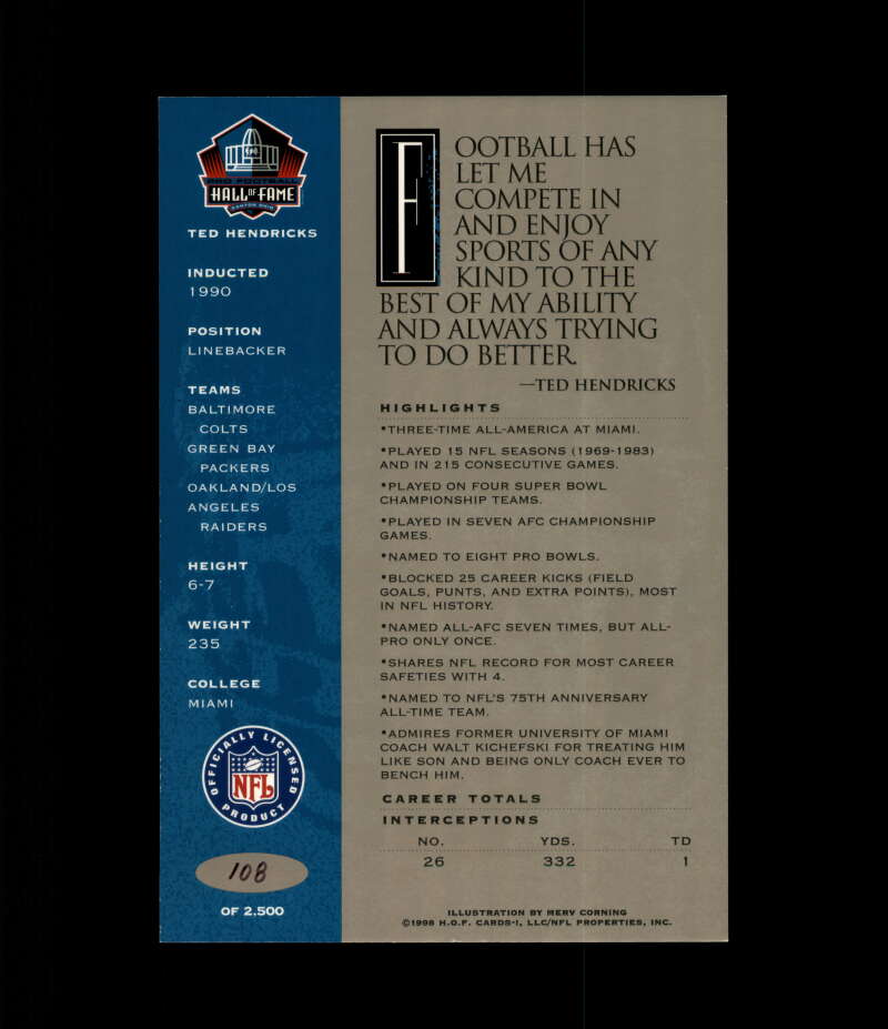 Ted Hendricks NFL Coa Signed 1998 HOF Signature Series /2500 Autograph