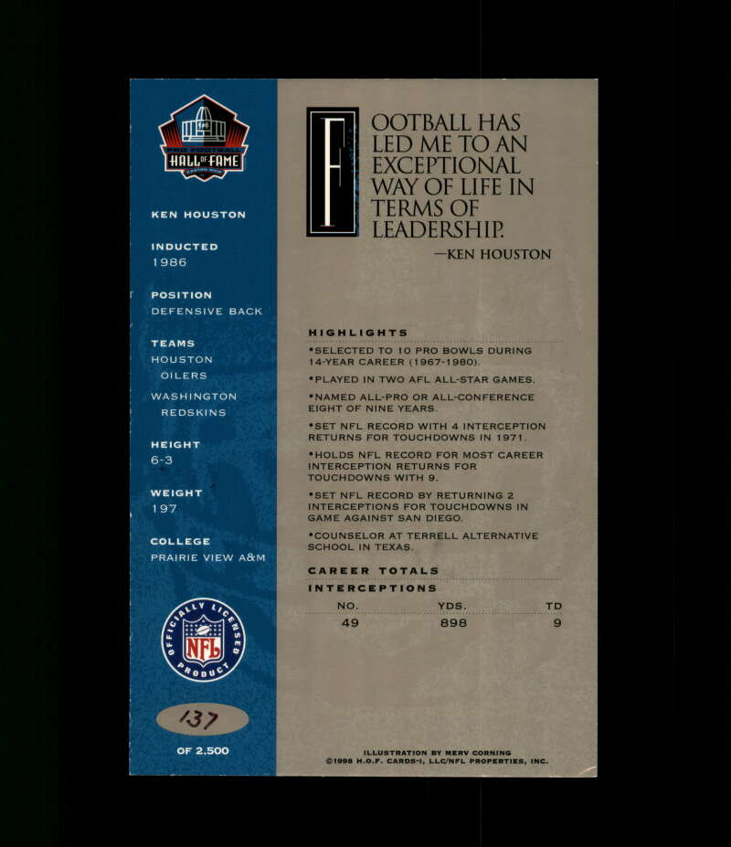 Ken Houston NFL Coa Signed 1998 HOF Signature Series /2500 Autograph