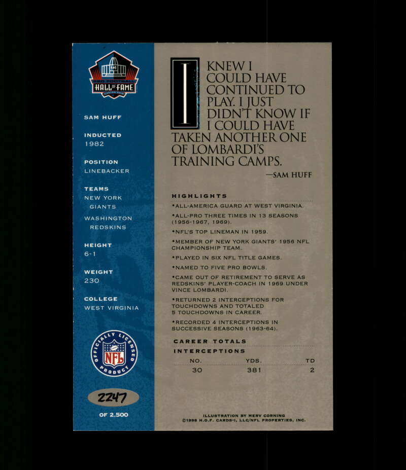 Sam Huff NFL Coa Signed 1998 HOF Signature Series /2500 Autograph