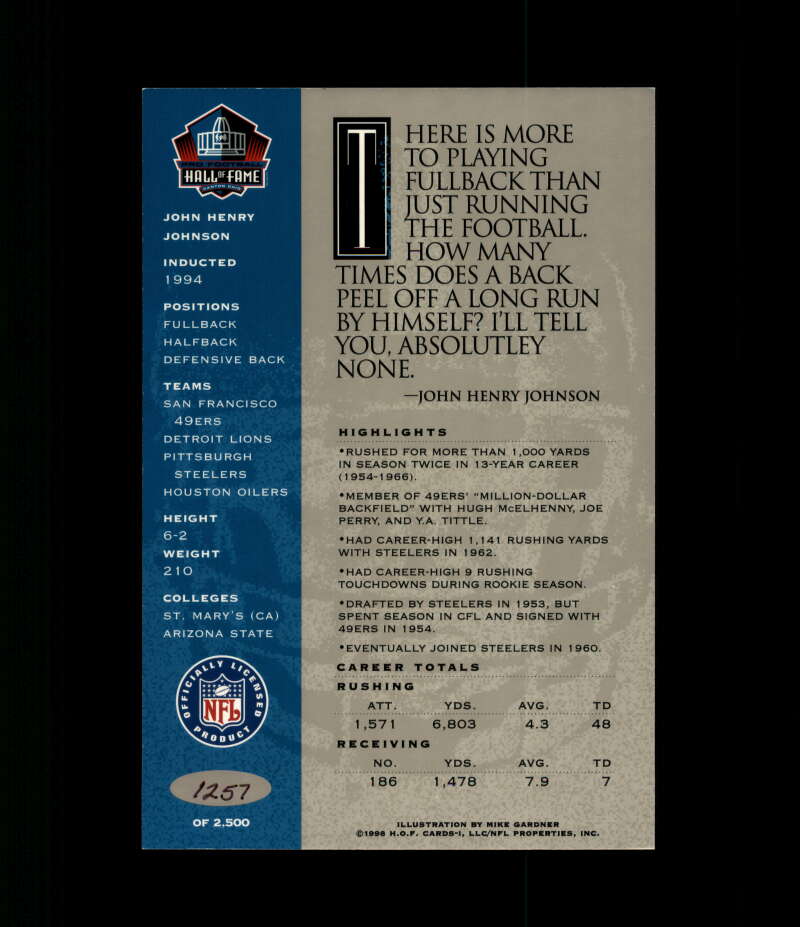 John Henry Johnson NFL Coa Signed 1998 HOF Signature Series /2500 Autograph