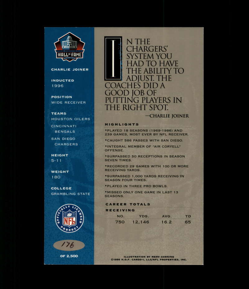 Charlie Joiner NFL Coa Signed 1998 HOF Signature Series /2500 Autograph