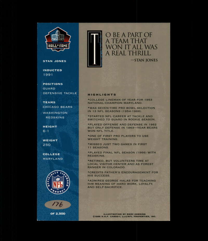 Stan Jones NFL Coa Signed 1998 HOF Signature Series /2500 Autograph