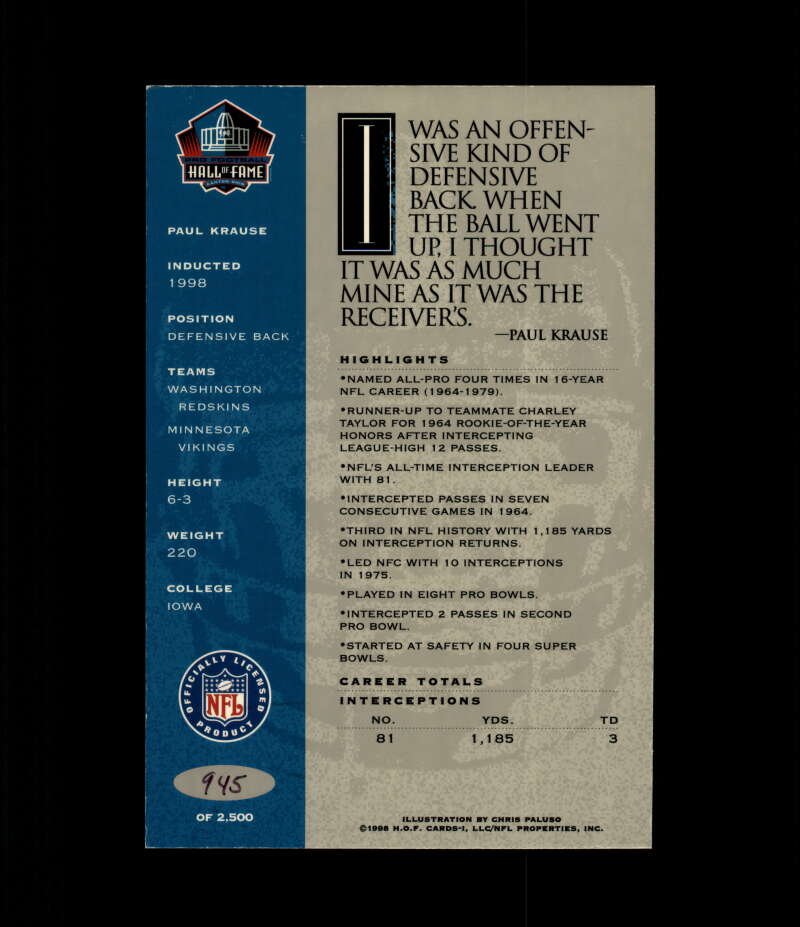 Paul Krause NFL Coa Signed 1998 HOF Signature Series /2500 Autograph