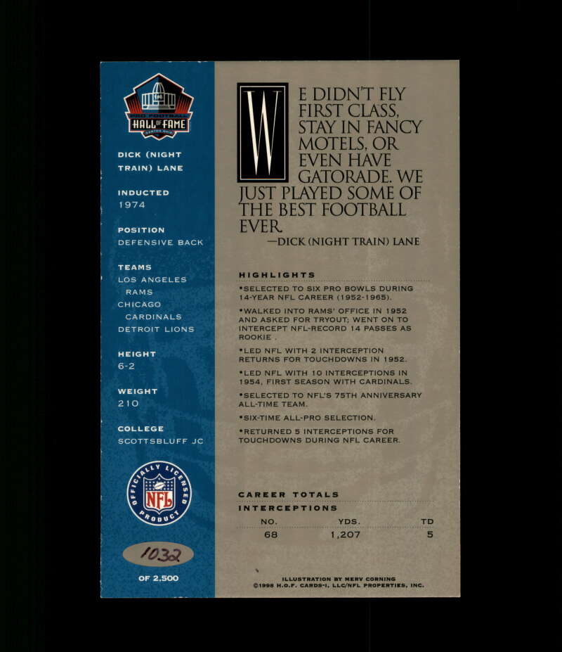 Dick Night Train Lane NFL Coa Signed 1998 HOF Signature Series /2500 Autograph