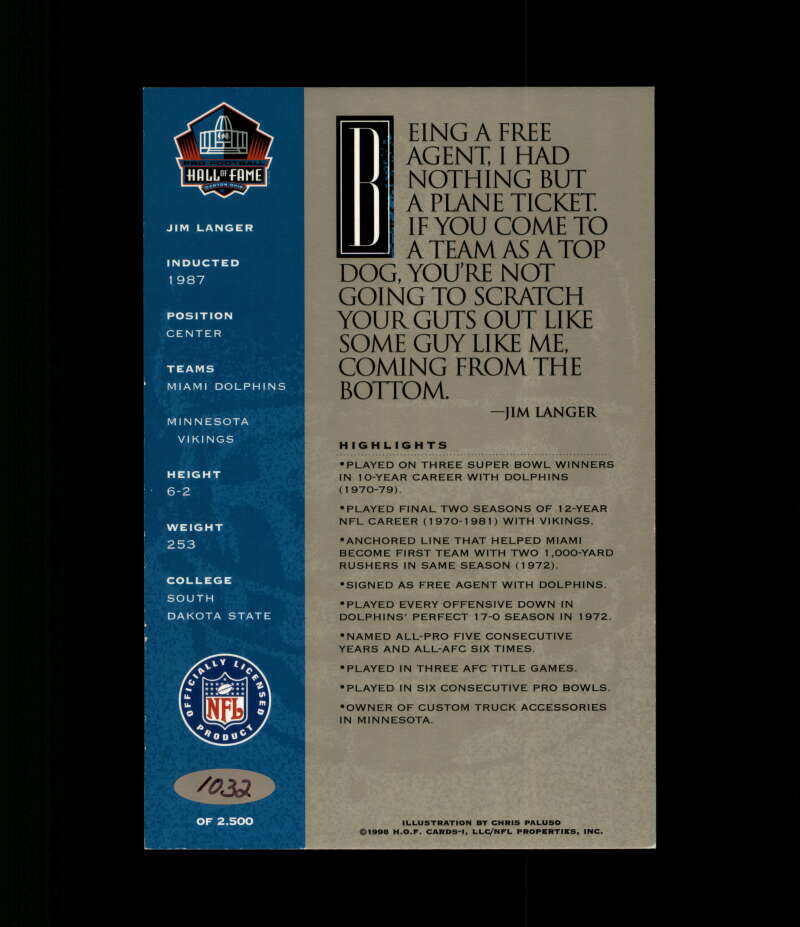 Jim Langer NFL Coa Signed 1998 HOF Signature Series /2500 Autograph