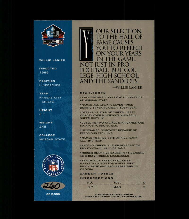 Willie Lanier NFL Coa Signed 1998 HOF Signature Series /2500 Autograph