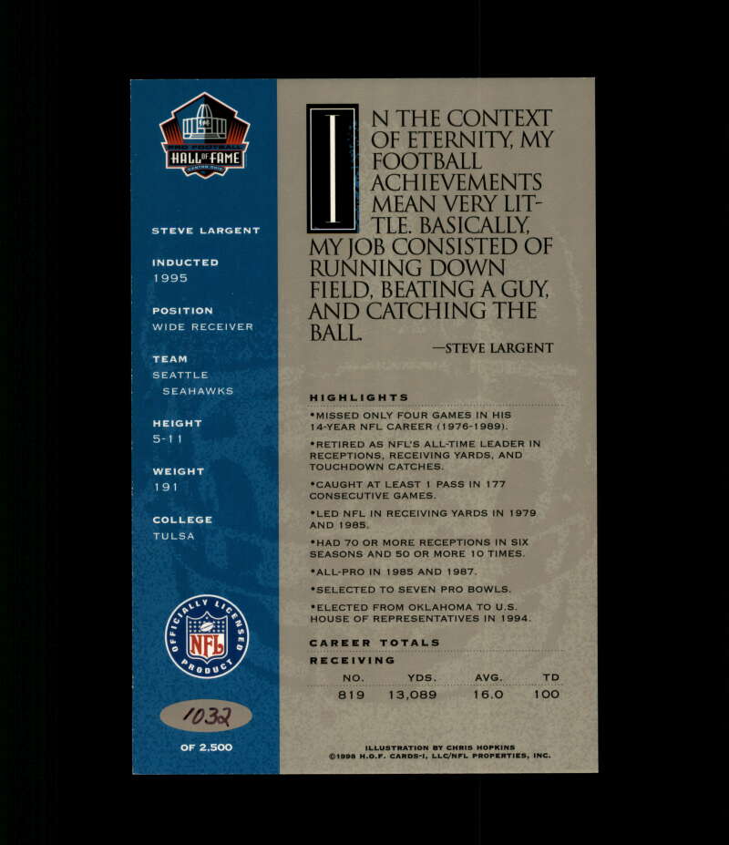 Steve Largent NFL Coa Signed 1998 HOF Signature Series /2500 Autograph
