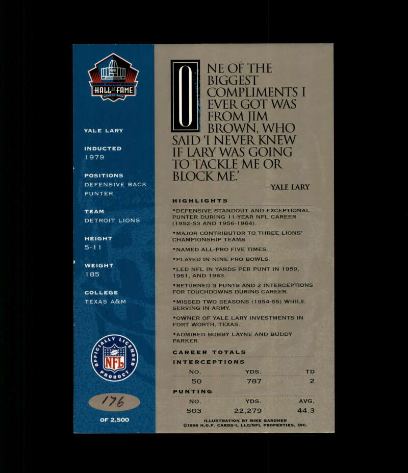 Yale Lary NFL Coa Signed 1998 HOF Signature Series /2500 Autograph