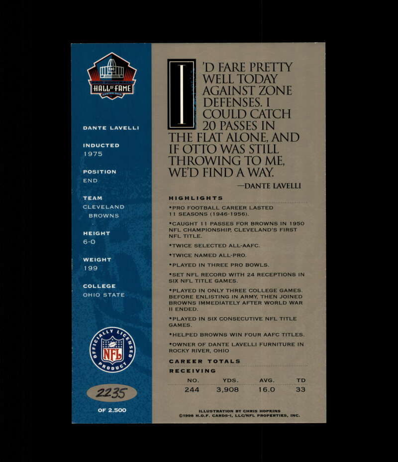 Dante Lavelli NFL Coa Signed 1998 HOF Signature Series /2500 Autograph