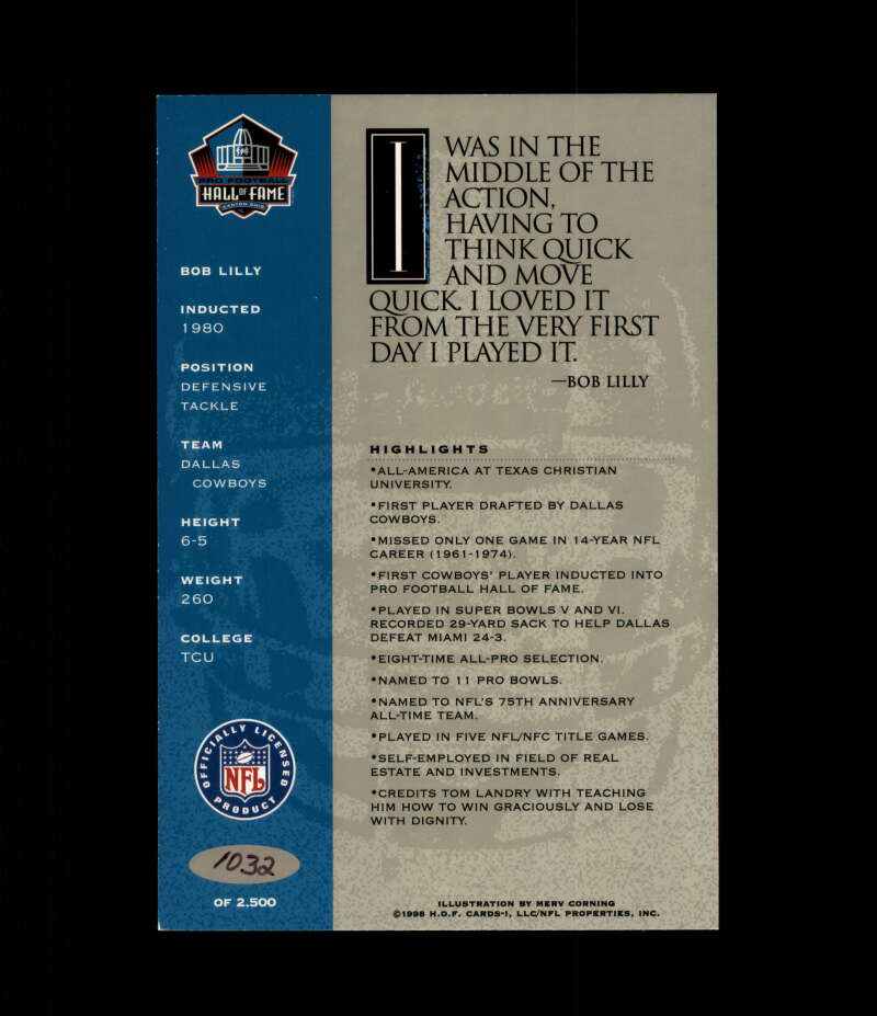 Bob Lilly NFL Coa Signed 1998 HOF Signature Series /2500 Autograph
