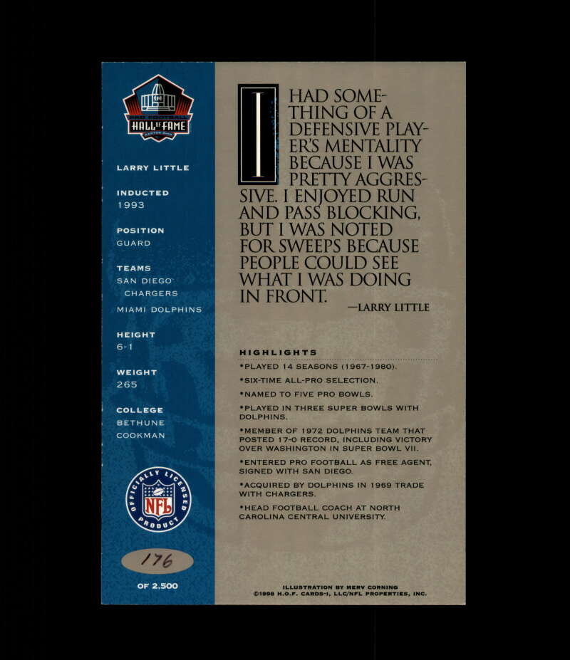 Larry Little NFL Coa Signed 1998 HOF Signature Series /2500 Autograph