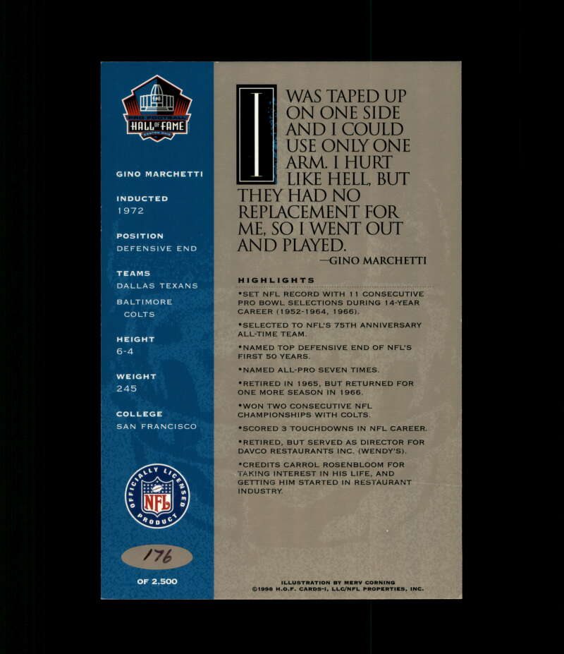 Gino Marchetii NFL Coa Signed 1998 HOF Signature Series /2500 Autograph