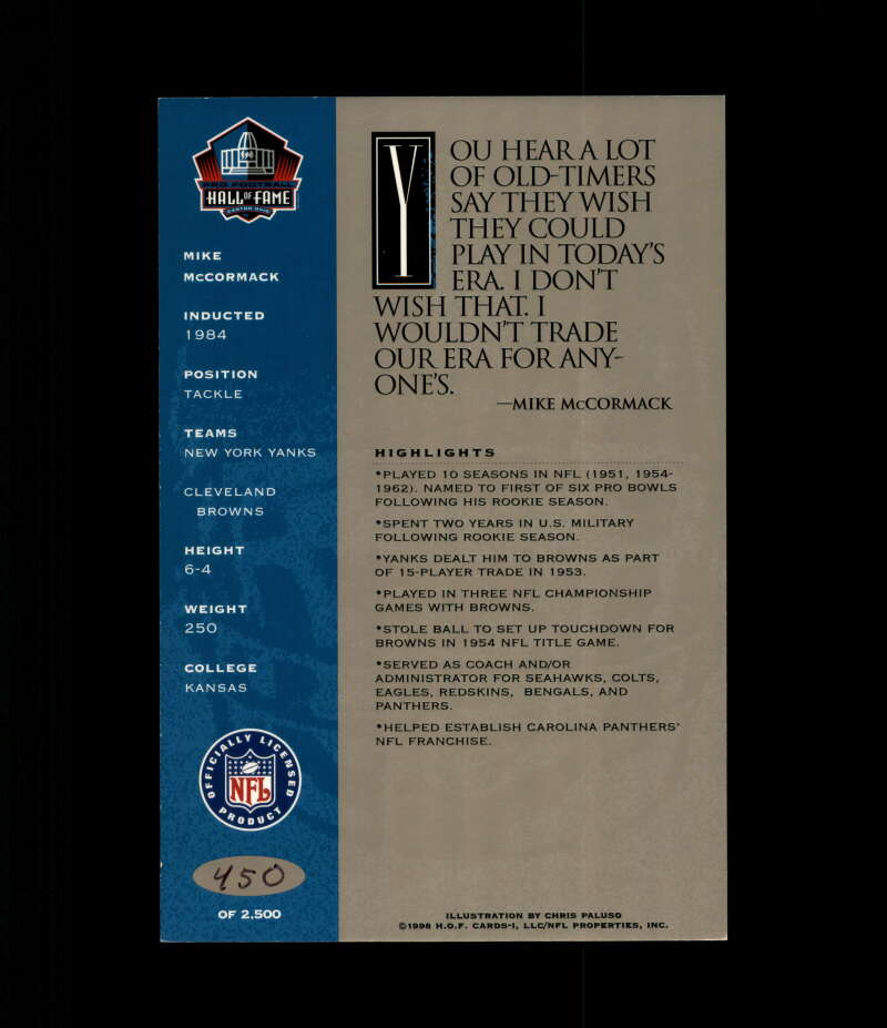 Mike McCormack NFL Coa Signed 1998 HOF Signature Series /2500 Autograph