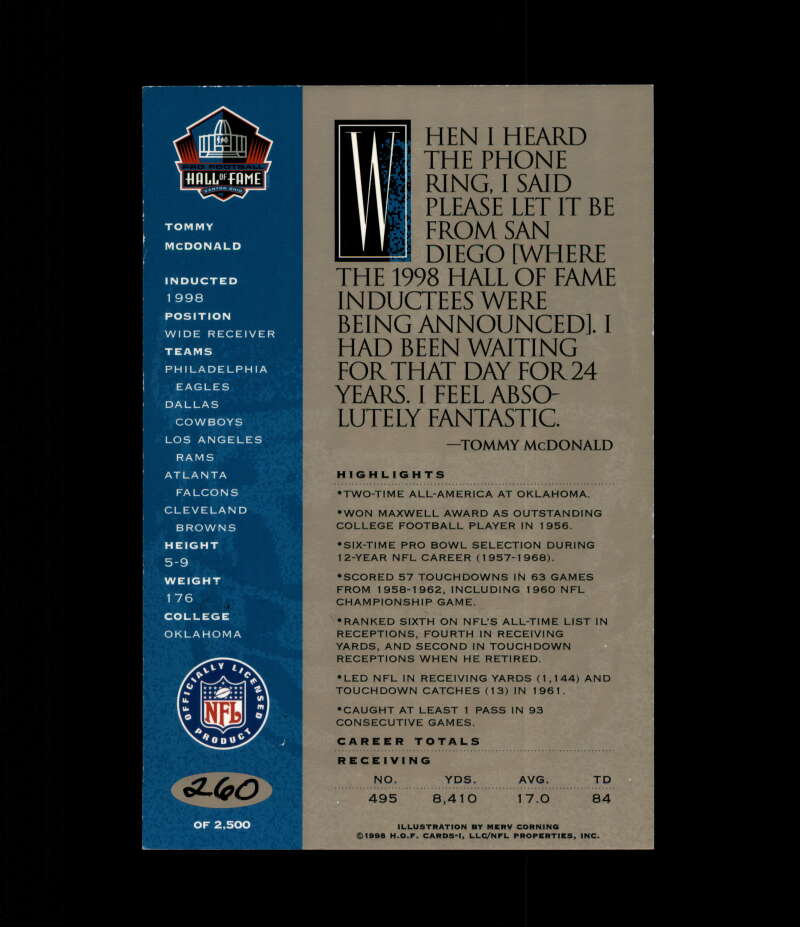 Tommy McDonald NFL Coa Signed 1998 HOF Signature Series /2500 Autograph
