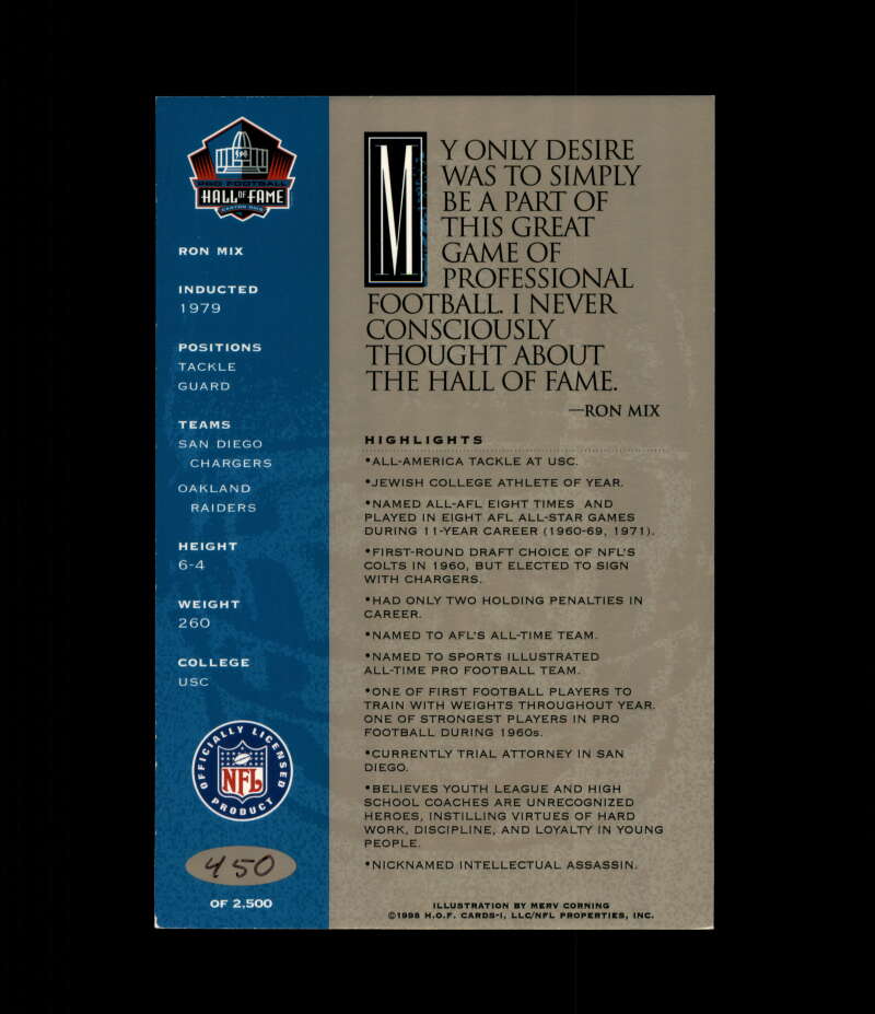 Ron Mix NFL Coa Signed 1998 HOF Signature Series /2500 Autograph