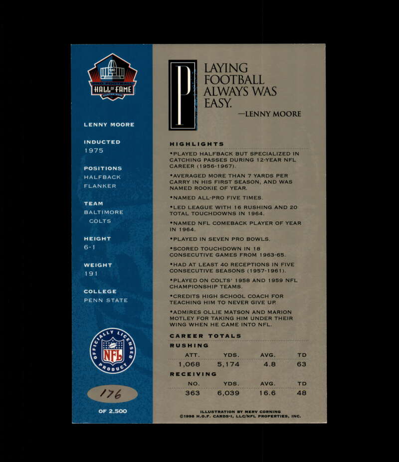 Lenny Moore NFL Coa Signed 1998 HOF Signature Series /2500 Autograph