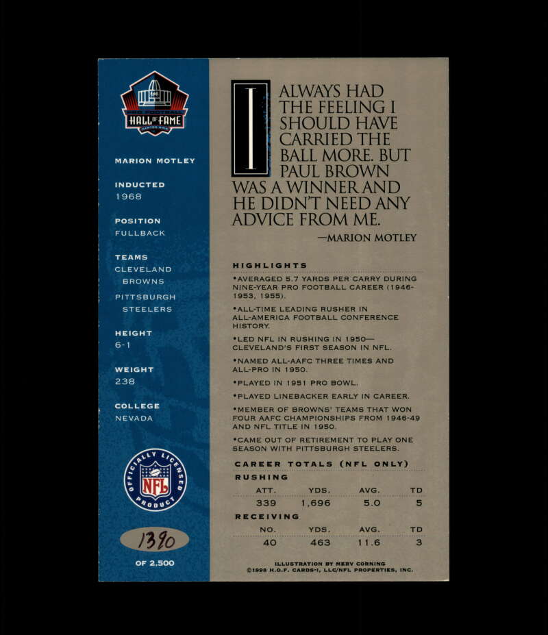 Marion Motley NFL Coa Signed 1998 HOF Signature Series /2500 Autograph