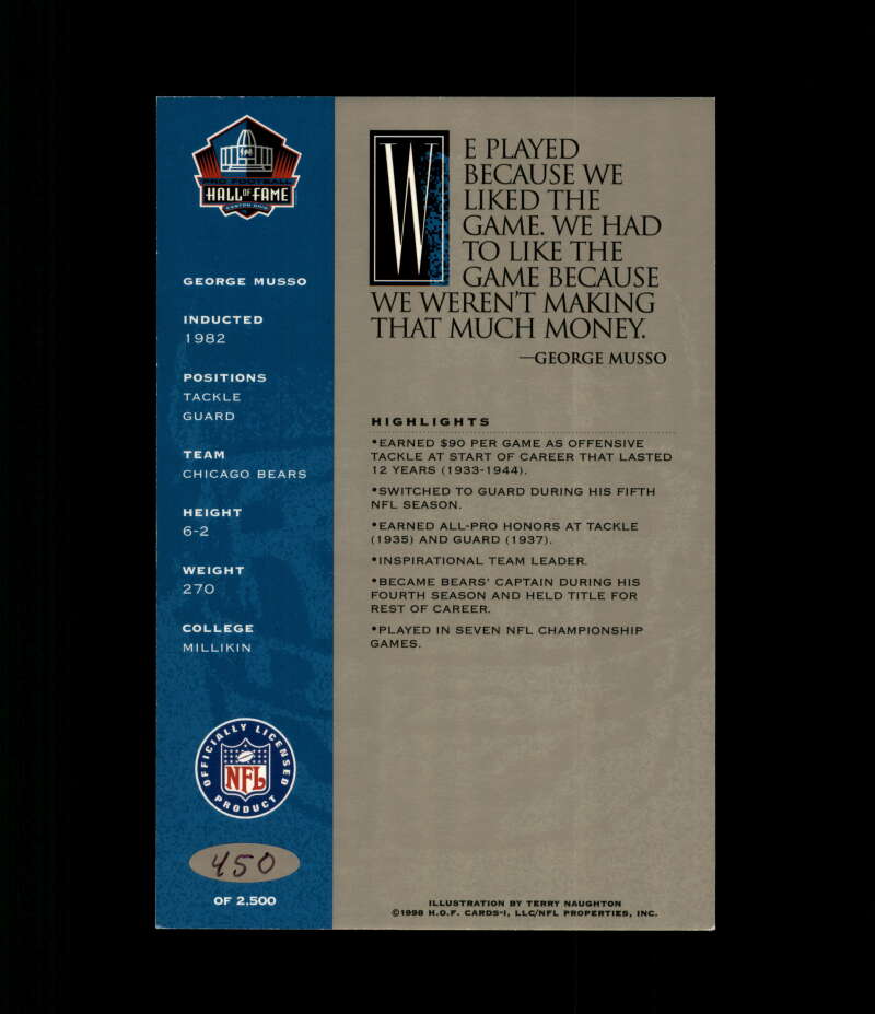 George Musso NFL Coa Signed 1998 HOF Signature Series /2500 Autograph