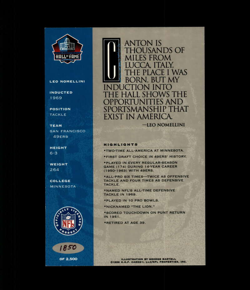 Leo Nomellini NFL Coa Signed 1998 HOF Signature Series /2500 Autograph