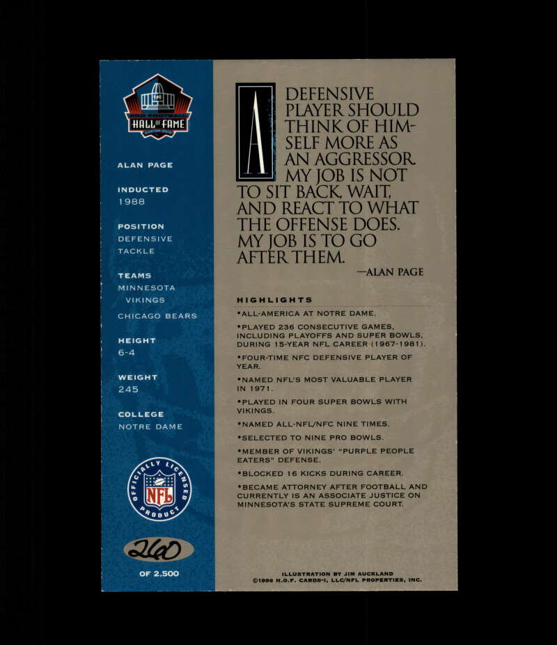 Alan Page NFL Coa Signed 1998 HOF Signature Series /2500 Autograph