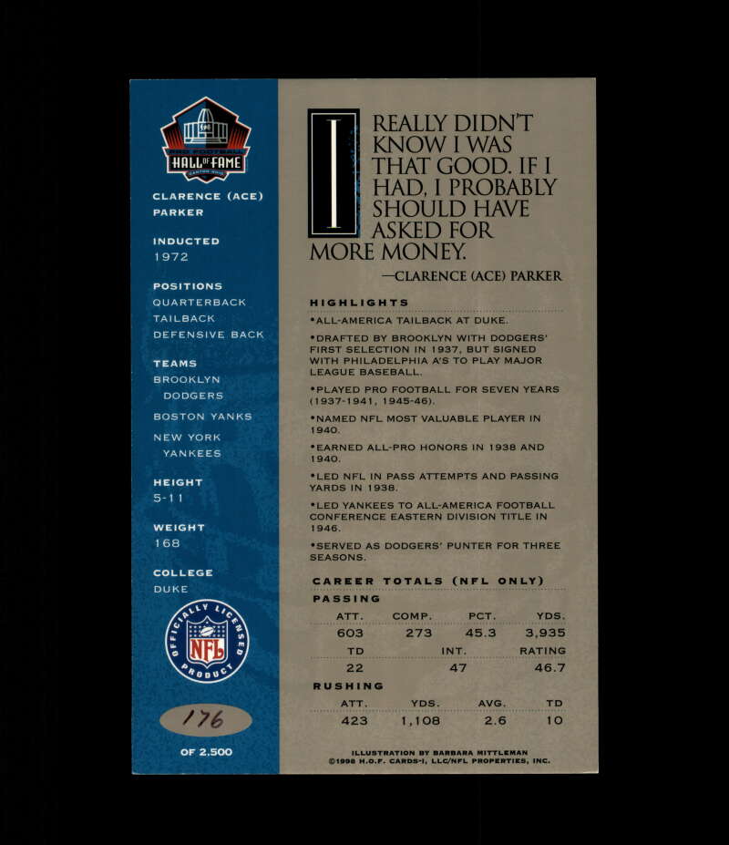 Ace Parker NFL Coa Signed 1998 HOF Signature Series /2500 Autograph
