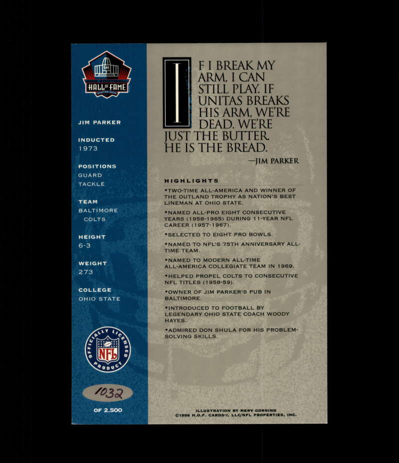 Jim Parker NFL Coa Signed 1998 HOF Signature Series /2500 Autograph