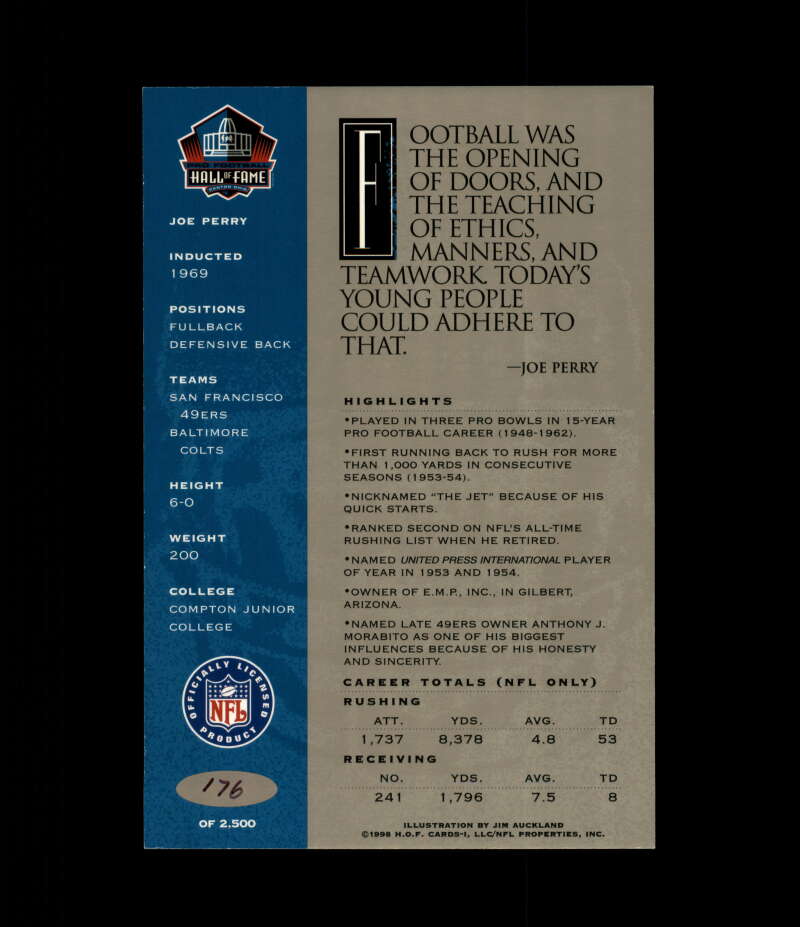 Joe Perry NFL Coa Signed 1998 HOF Signature Series /2500 Autograph