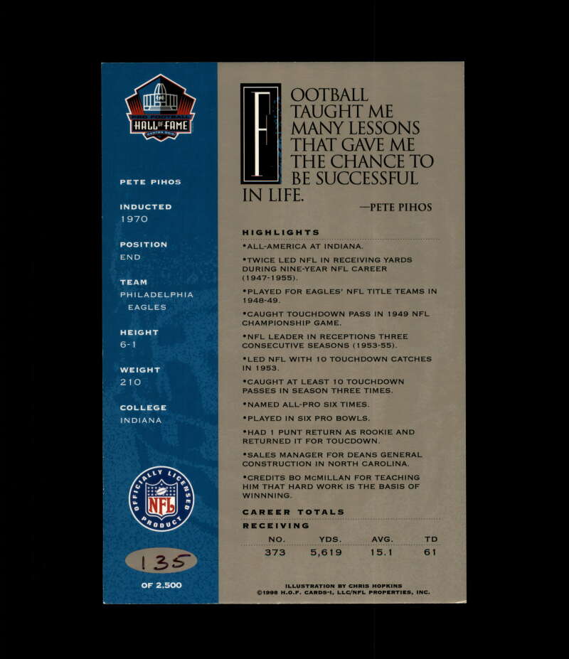 Pete Pihos NFL Coa Signed 1998 HOF Signature Series /2500 Autograph