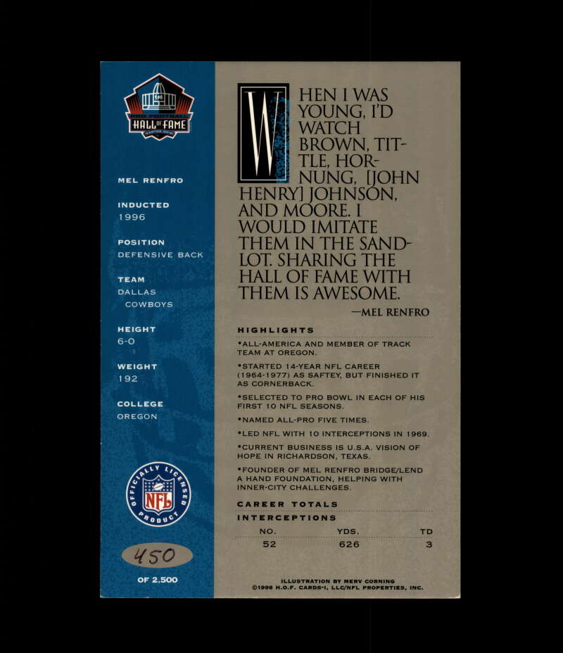 Mel Renfro NFL Coa Signed 1998 HOF Signature Series /2500 Autograph