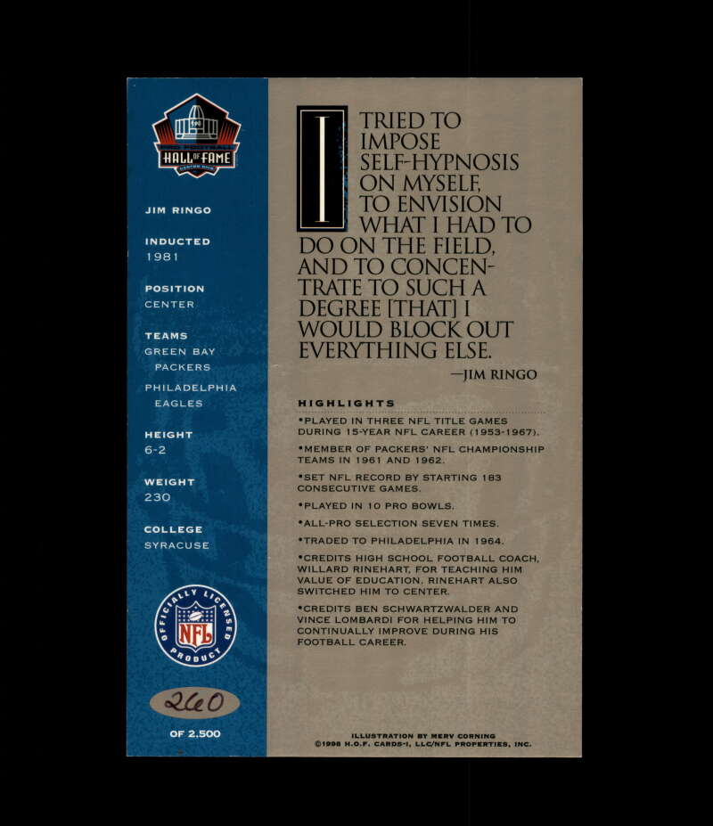Jim Ringo NFL Coa Signed 1998 HOF Signature Series /2500 Autograph