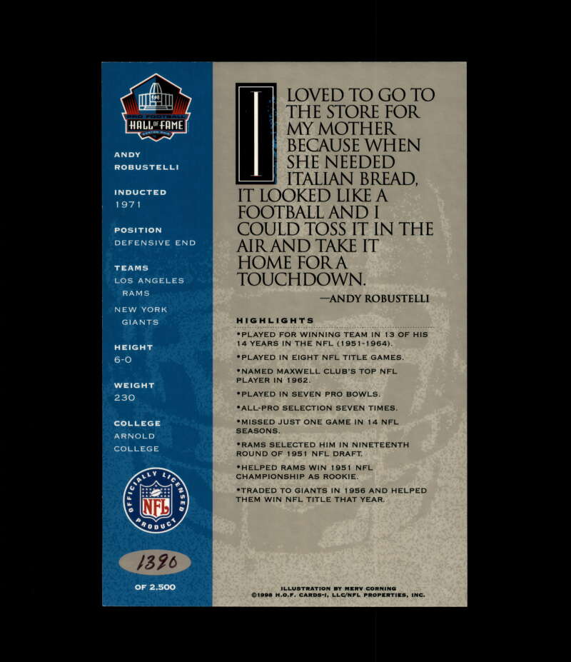 Andy Robustelli NFL Coa Signed 1998 HOF Signature Series /2500 Autograph