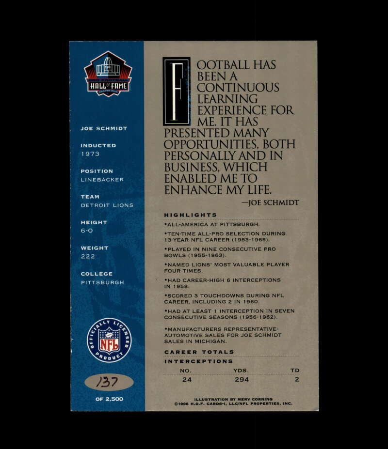 Joe Schmidt NFL Coa Signed 1998 HOF Signature Series /2500 Autograph