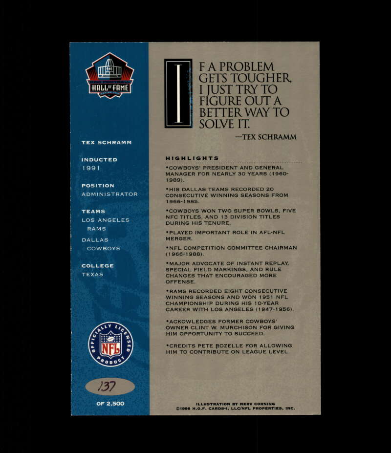 Tex Schramm NFL Coa Signed 1998 HOF Signature Series /2500 Autograph
