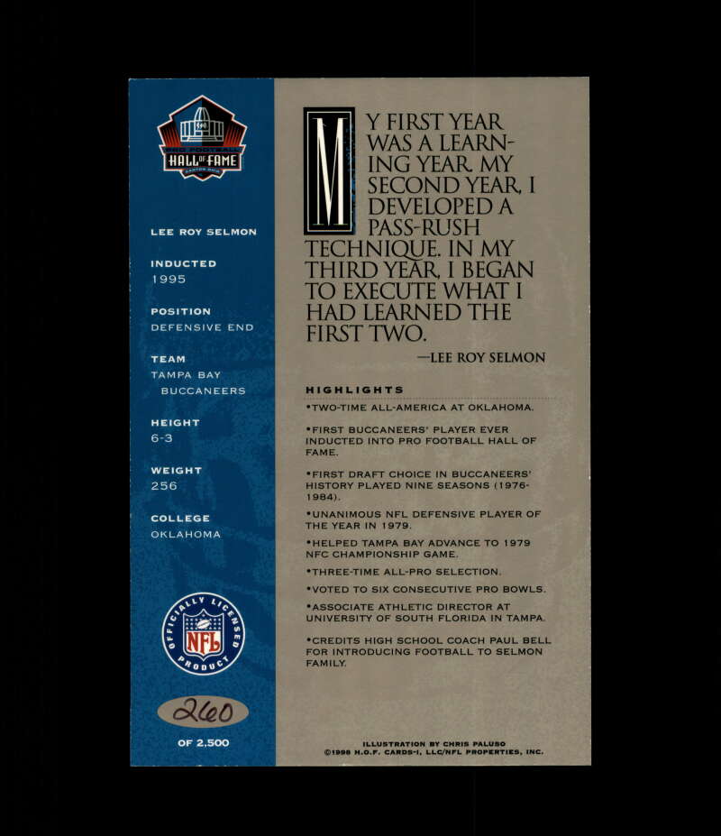 Lee Roy Selmon NFL Coa Signed 1998 HOF Signature Series /2500 Autograph