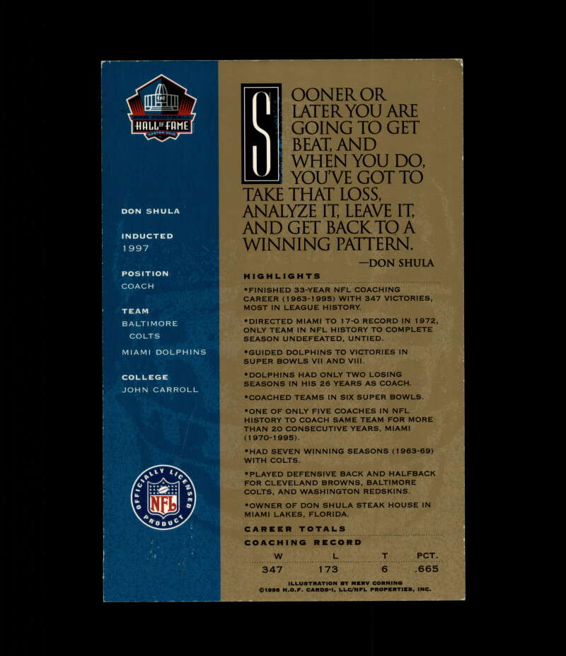 Don Shula NFL Coa Signed 1998 HOF Gold Signature Series Autograph