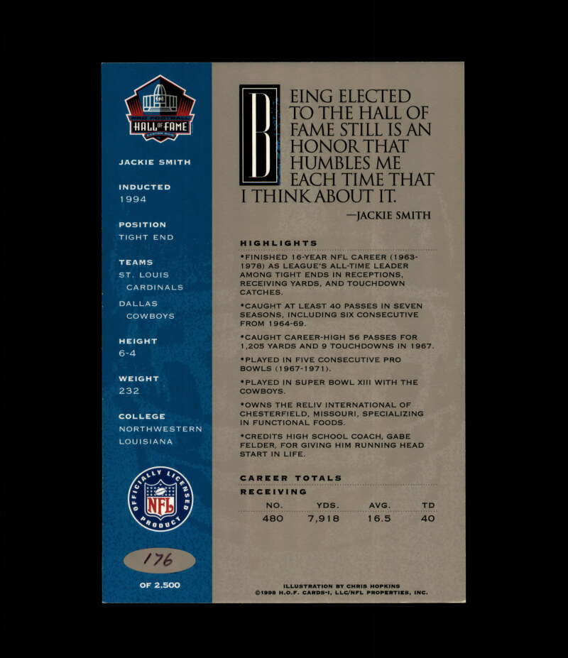 Jackie Smith NFL Coa Signed 1998 HOF Signature Series /2500 Autograph