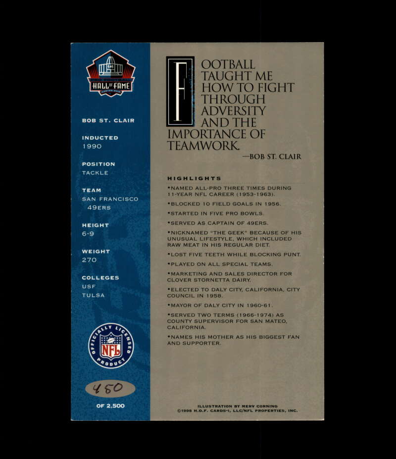 Bob St. Clair NFL Coa Signed 1998 HOF Signature Series /2500 Autograph