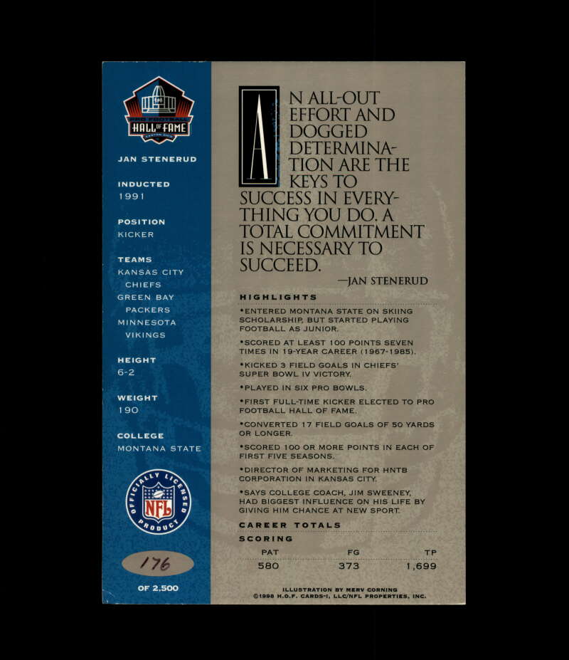 Jan Stenerud NFL Coa Signed 1998 HOF Signature Series /2500 Autograph