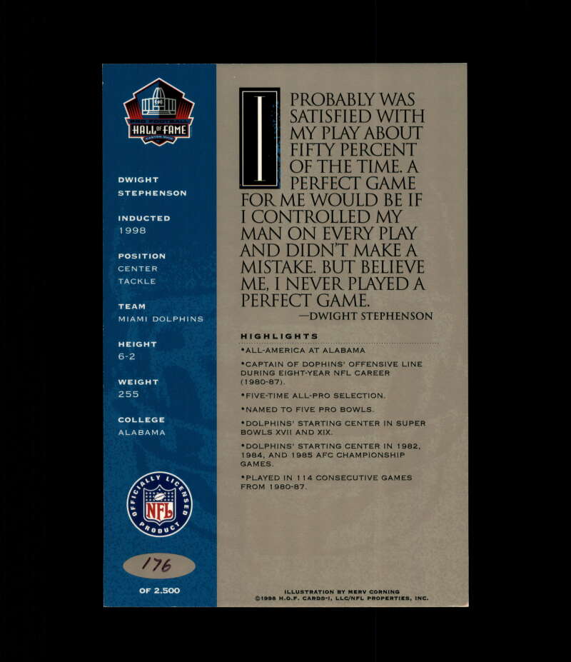 Dwight Stephenson NFL Coa Signed 1998 HOF Signature Series /2500 Autograph