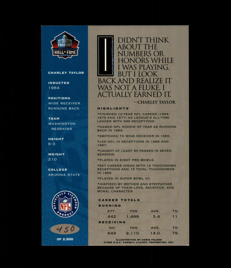 Charley Taylor NFL Coa Signed 1998 HOF Signature Series /2500 Autograph