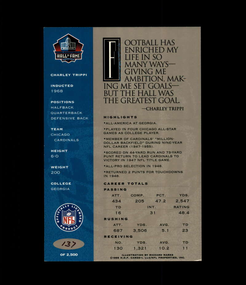 Charley Trippi NFL Coa Signed 1998 HOF Signature Series /2500 Autograph