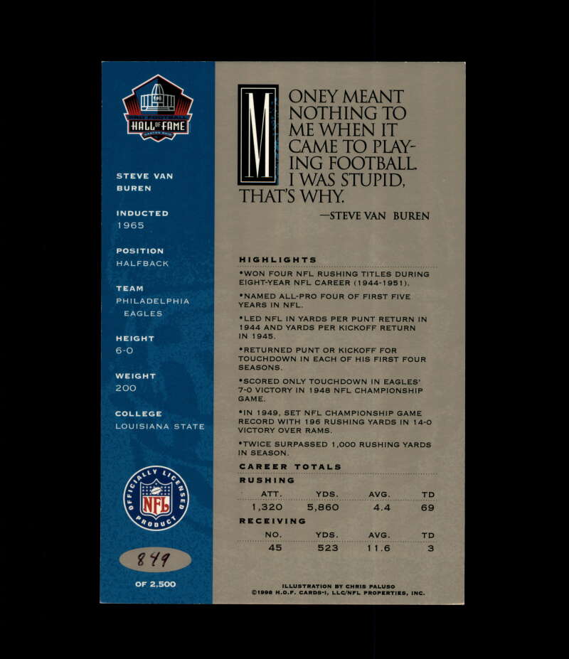 Steve Van Buren NFL Coa Signed 1998 HOF Signature Series /2500 Autograph